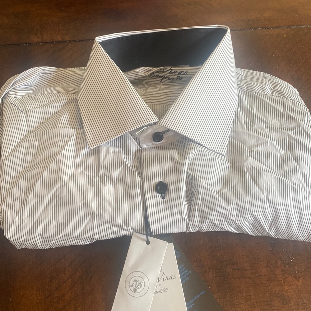 Men’s Le Vinas Grey Striped Dress Shirt Xl 17/17.5